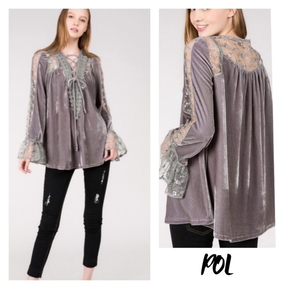 🖤LAST1️⃣🖤New Gorgeous POL Gray Velvet Top With Lace Adorned Appliqué - Picture 1 of 6